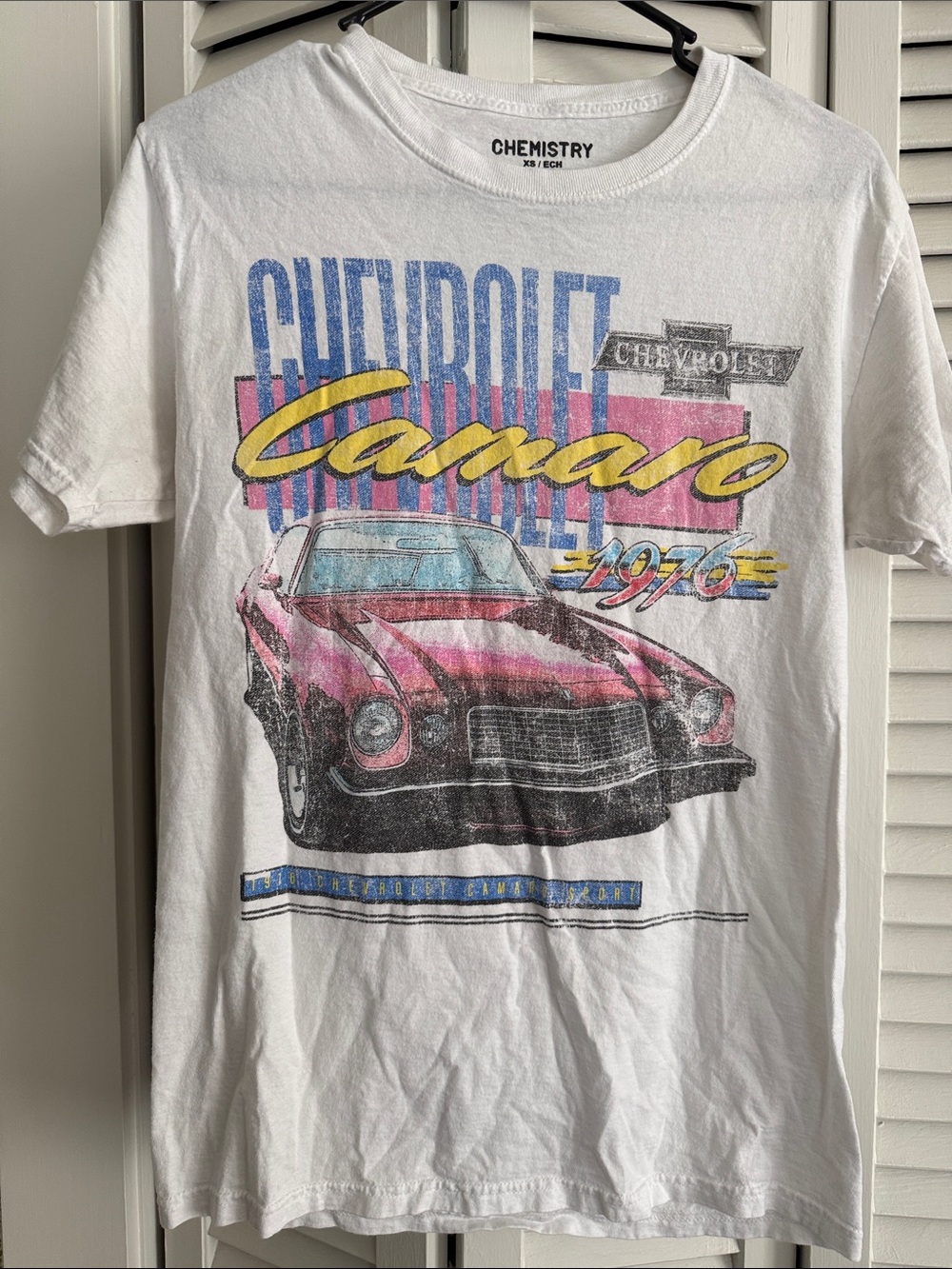 Chemistry White Camaro Graphic Tee with Pink, Yellow & Blue Accents